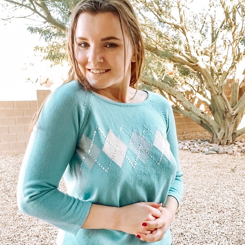 Turquoise argyle sequined light weight sweater